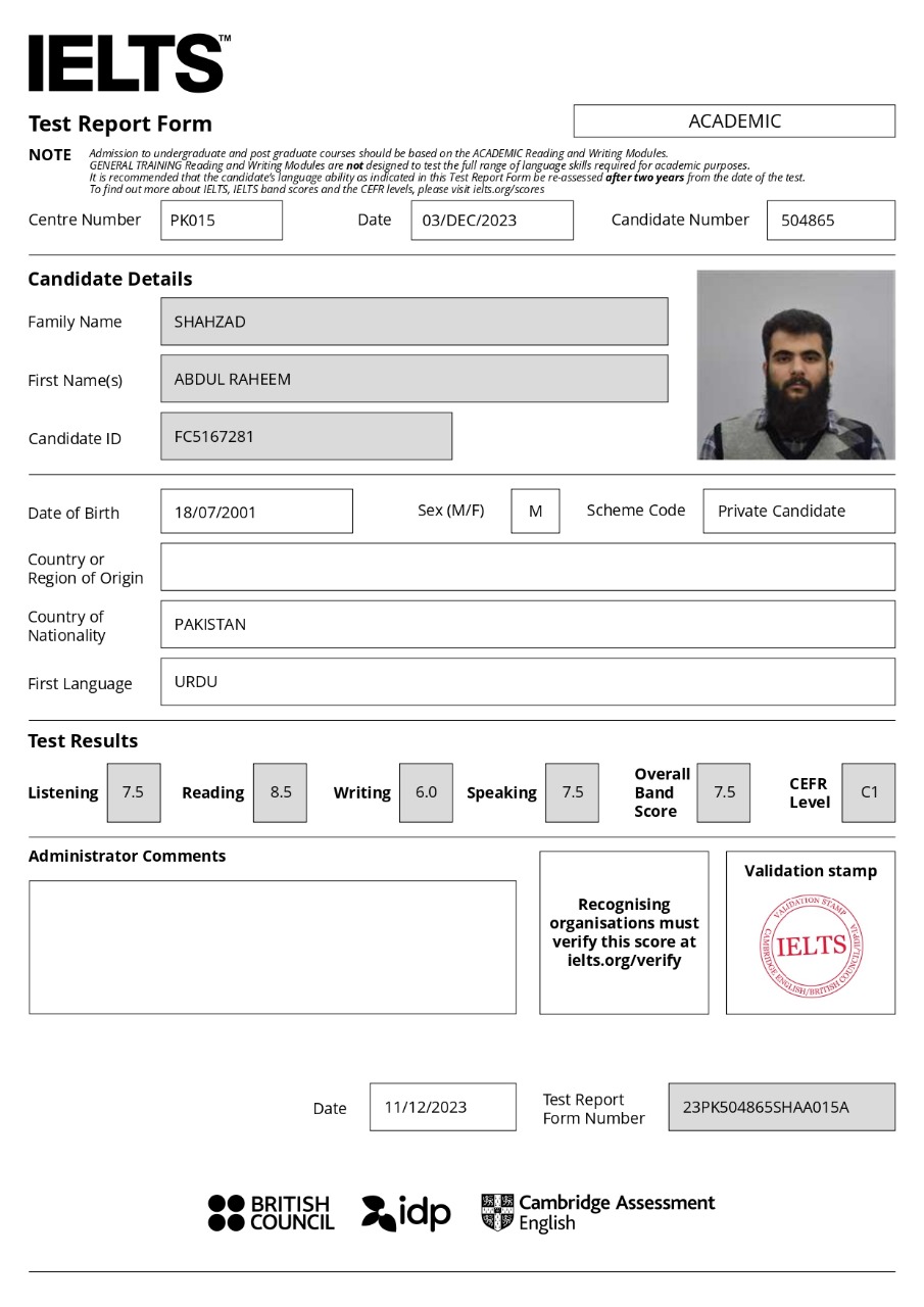 IELTS TRF showing 7.5 bands score
