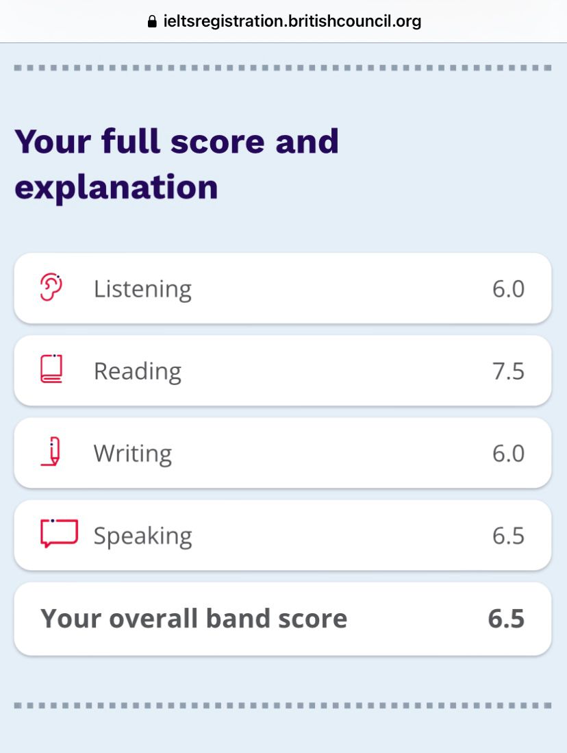 IELTS TRF showing 6.5 overall score